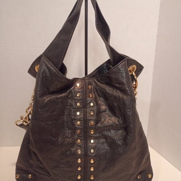 MK MICHAEL KORS Astor Uptown Black Textured Leather Bag Gold Studs Chunky Chain - Picture 7 of 15